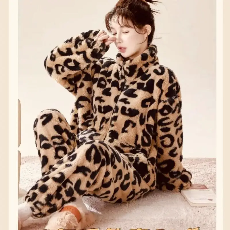

Women's Clothing Keep Warm Leopard Print Flannel Wearable As Outerwear New Keep Warm Homewear Set Pajama Set Fashion Comfortable