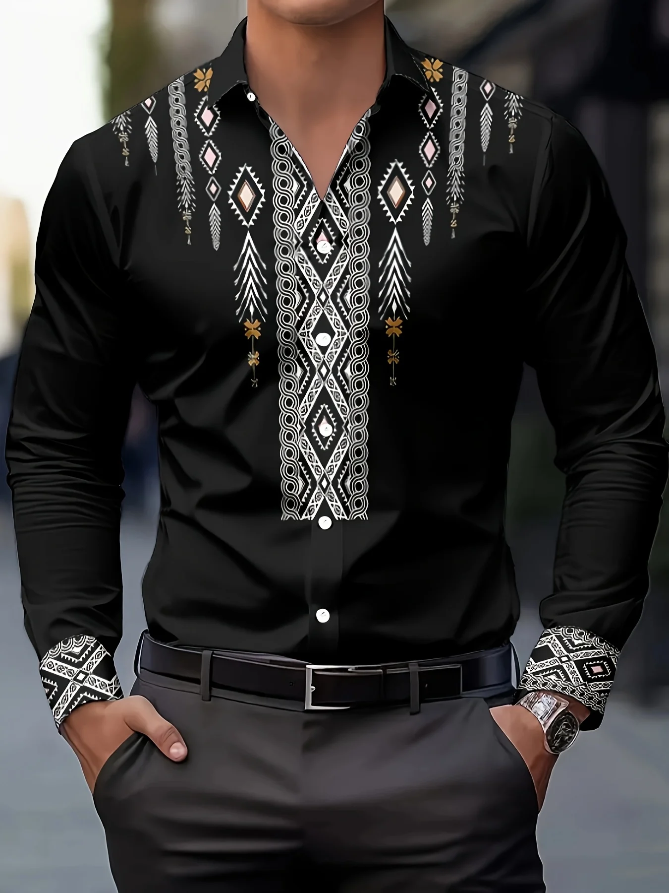 Men's Ethnic Print Casual Shirt - Breathable Long Sleeve Button-Up with Geometric Pattern, Regular Fit Machine Washable