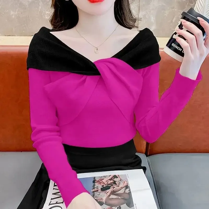 여성 의류 가을 겨울 한국 패션 대비 색상 섹시한 니트 스웨터 달콤한 시크 리본 디자인 긴 소매 슬림핏 탑