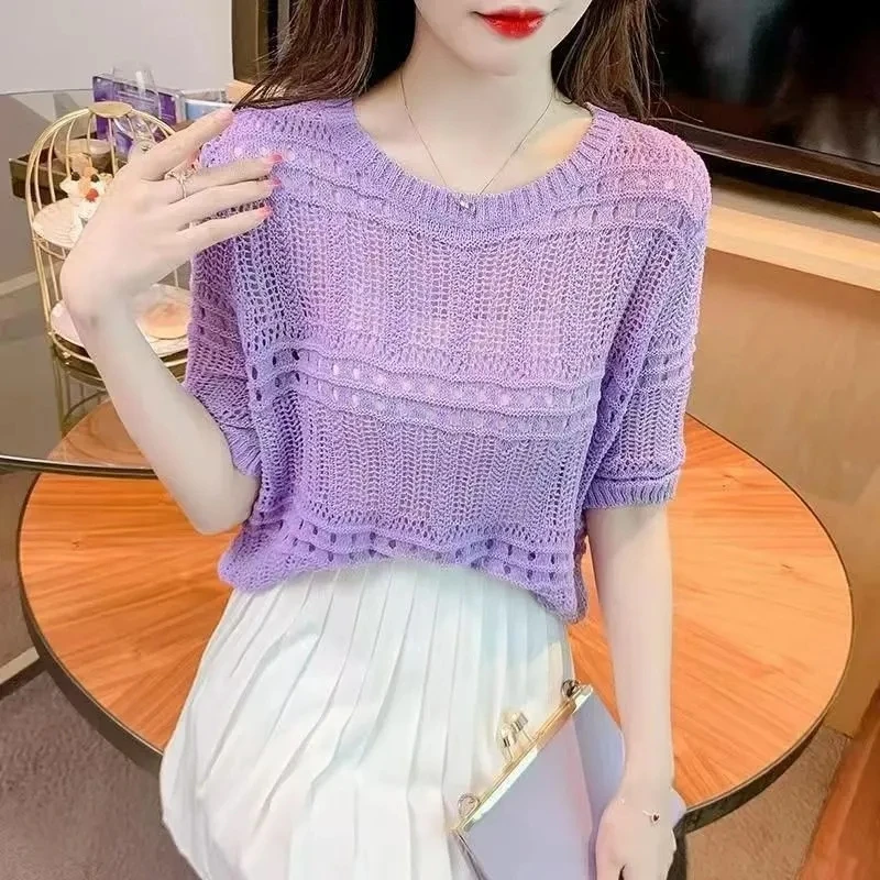 

2025 весенне-осенний свободный женский вязаный пуловер с короткими рукавами, свитера с вырезами, универсальный женский топ