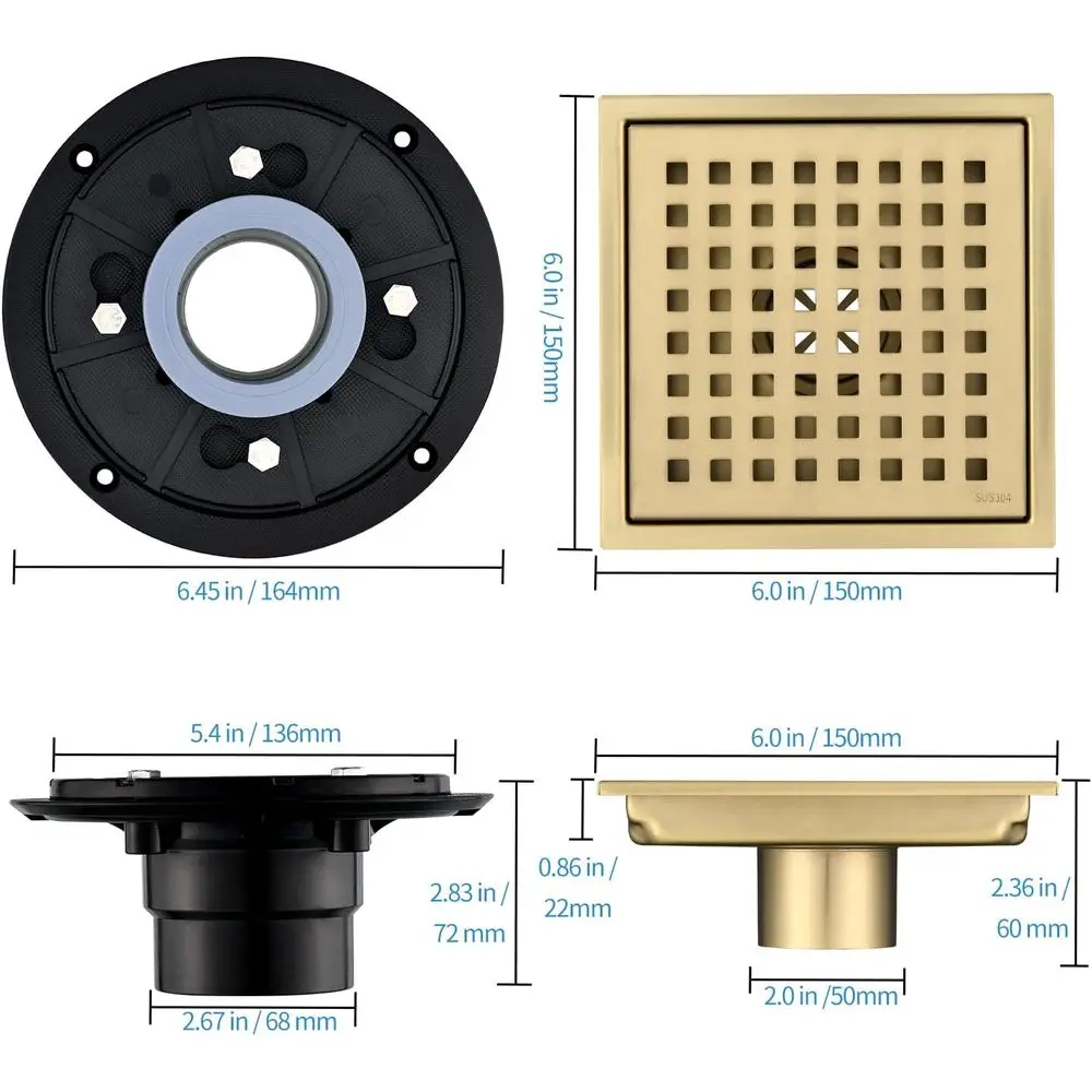 6 Inch Dual Shower Drain with Brushed Gold Square Grate, Removable Cover and Hair Filter for Bathroom, Kitchen, and Balcony