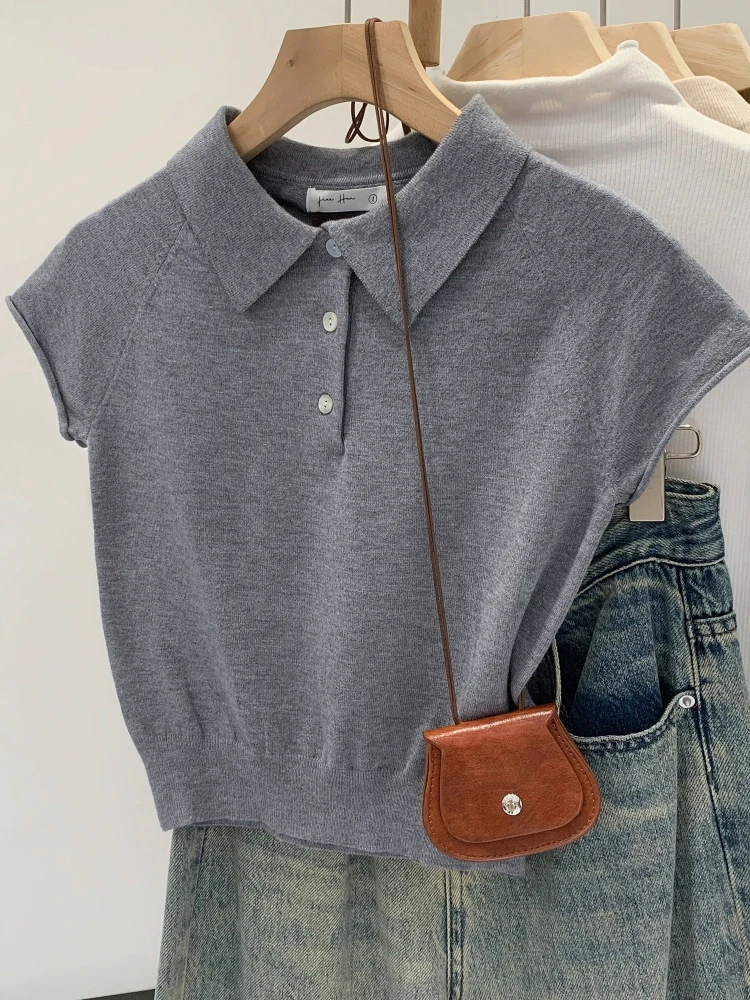 Polo-Kragen Kurzarm-Strick-T-Shirt für Damen Einfarbig Grau Halb Vorne Geknöpft Dehnbar Leicht Lässig Sommer Kurzarm-T-Shirt