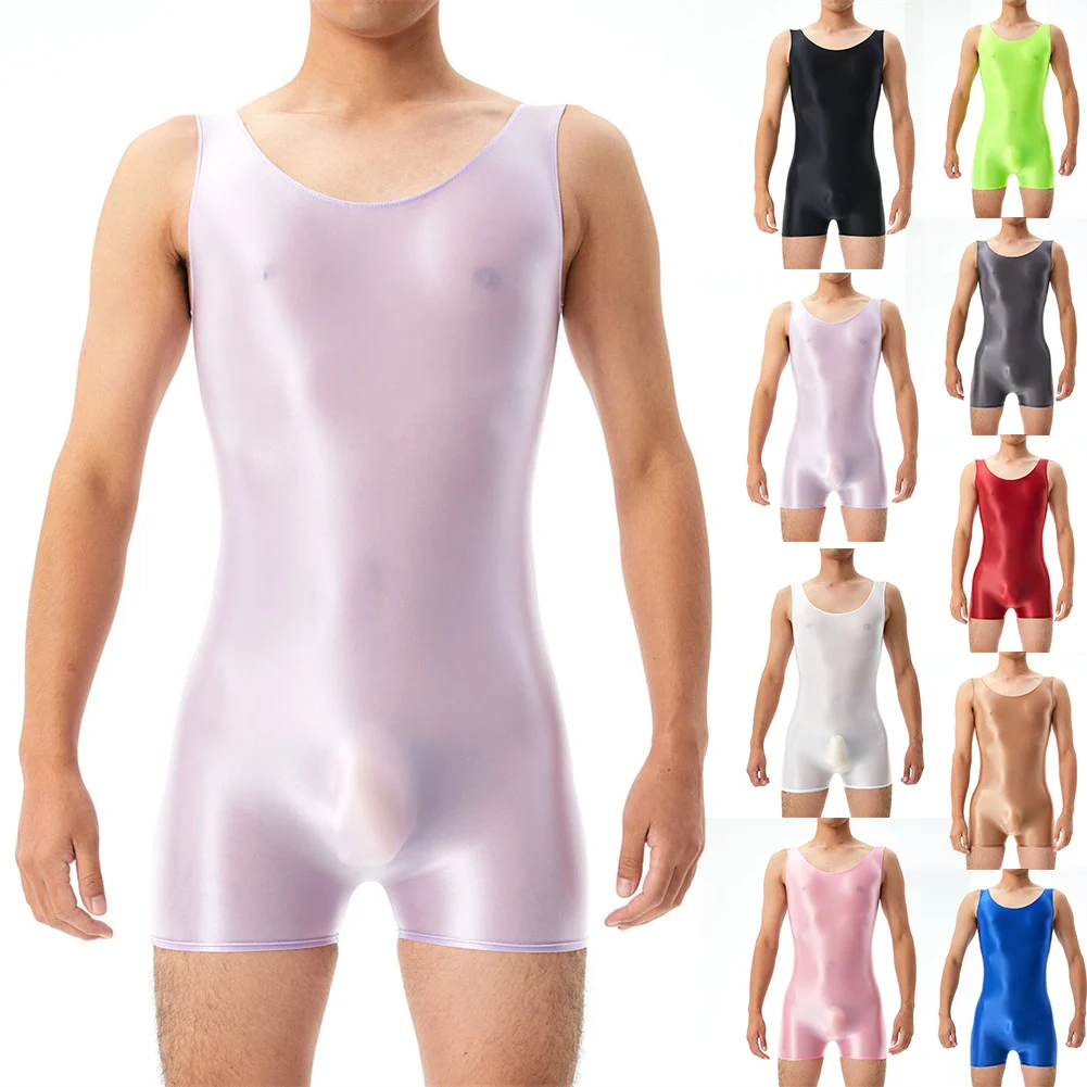 Stretchy Bodysuit Jumpsuit Tank Leotard Bodystocking Slim Bodysuit untuk pria pakaian dalam tanpa lengan Glossy Thong Singlet Sport Leotard