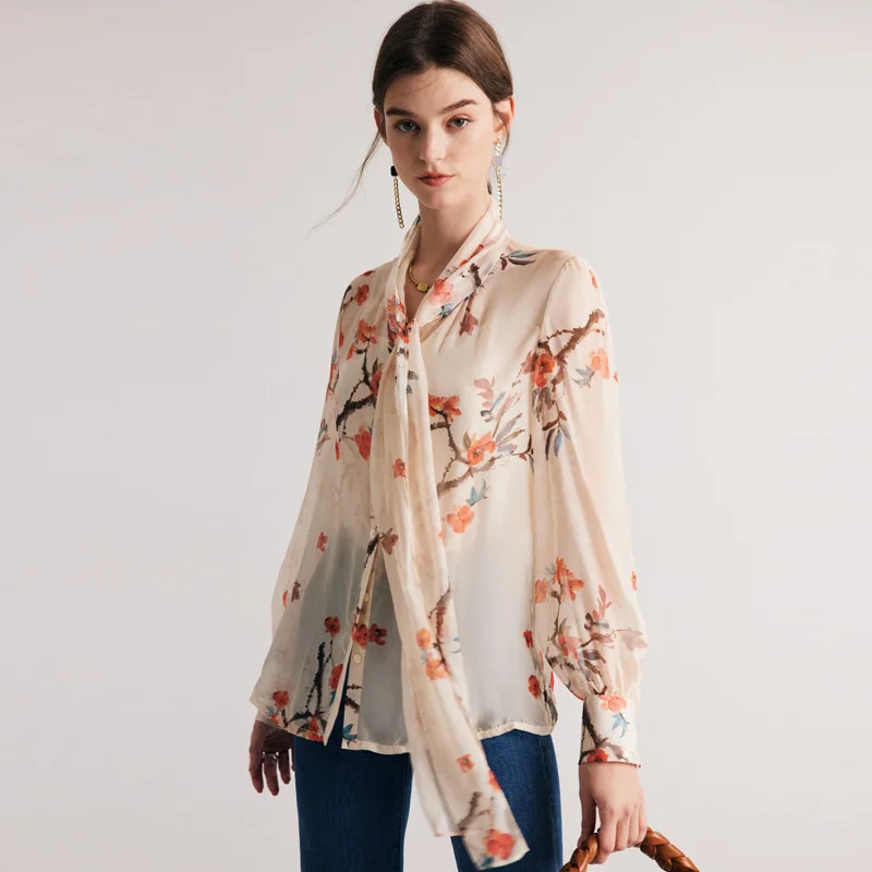 

40% Silk And 60% Viscose Blend Blouse Women Printed Lace Up Long Sleeve Single Breasted Elegant Casual Top New Fashion