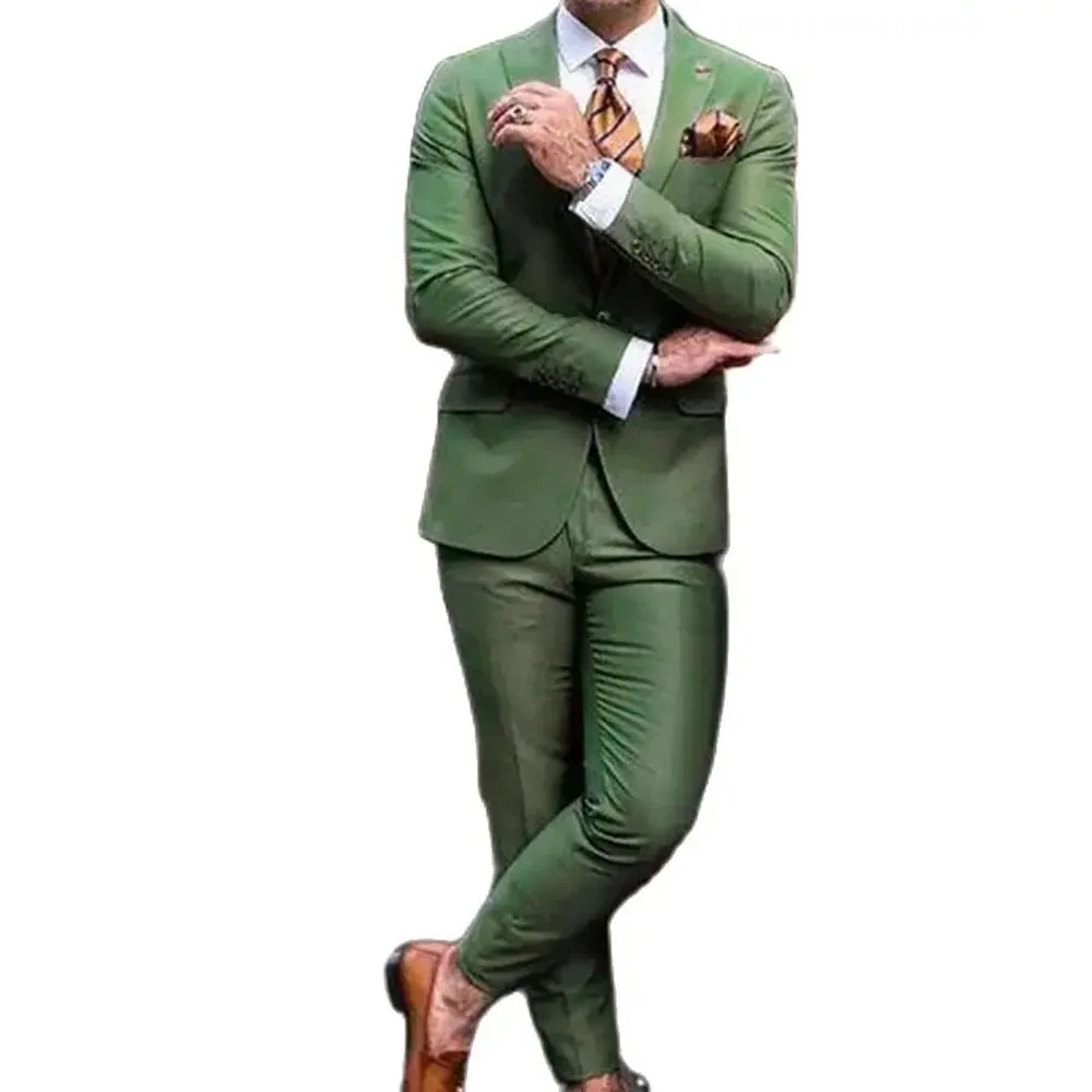 Fashion Men\'s Suits Green Double Breasted Peak Lapel High Quality Smart Casual Office Terno Elegant Party 2 Pcs Jacket Pant 032B