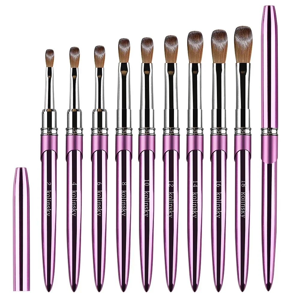 Pędzel do paznokci akrylowych 100% Kolinsky, 1 szt., fioletowy, z metalową rączką, pędzel do rysowania do pudru akrylowego, rozmiar 2-18