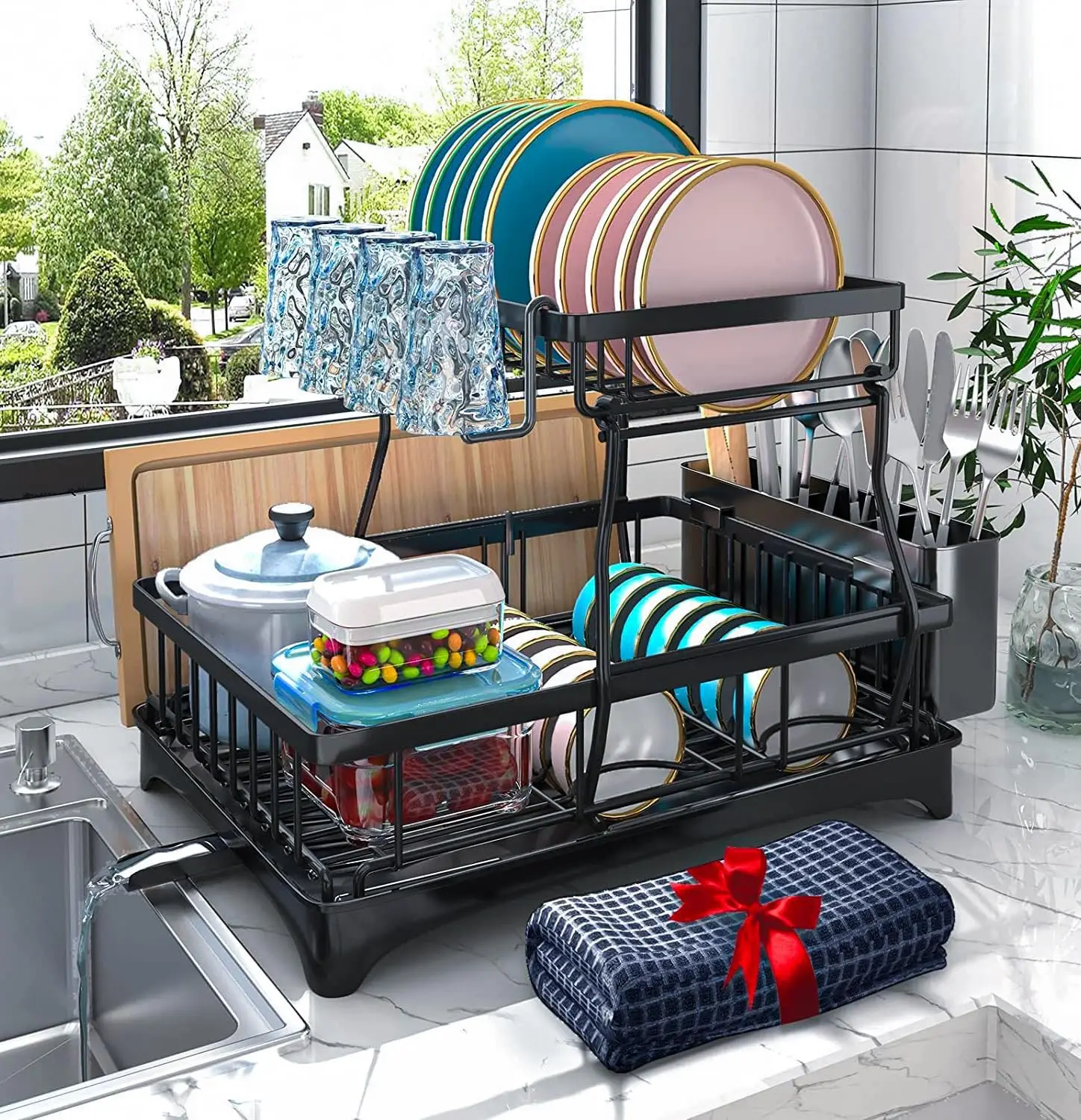 

2-Tier Dish Drying Rack with Auto-Drain & Mat, Kitchen Counter Drainer with Utensil Holder for Space Saving