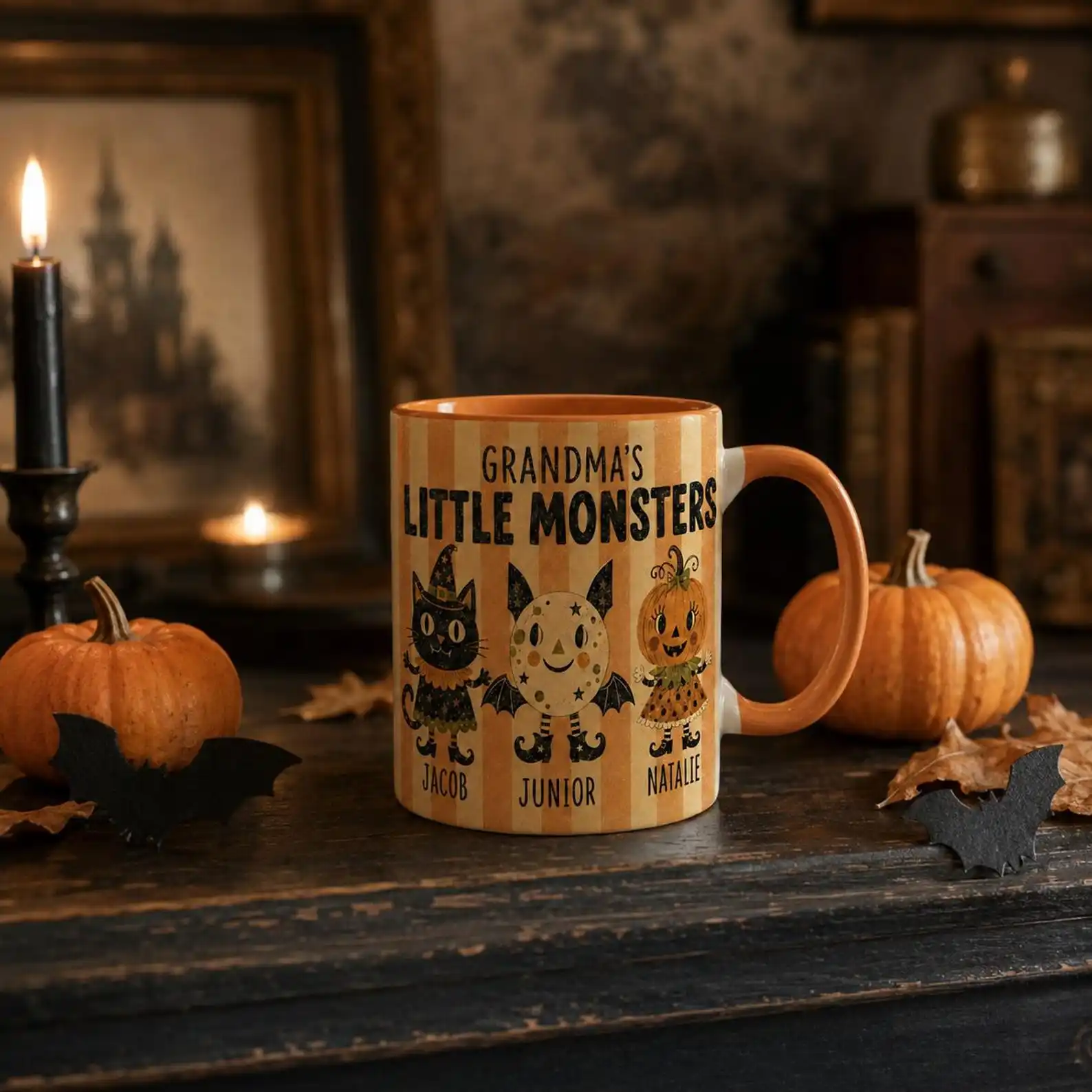 Custom Halloween Ceramic Mug Design Family Name Little Monsters Cup Grandkids Names Fall Spooky Gift Accent Mug For Family Gifts