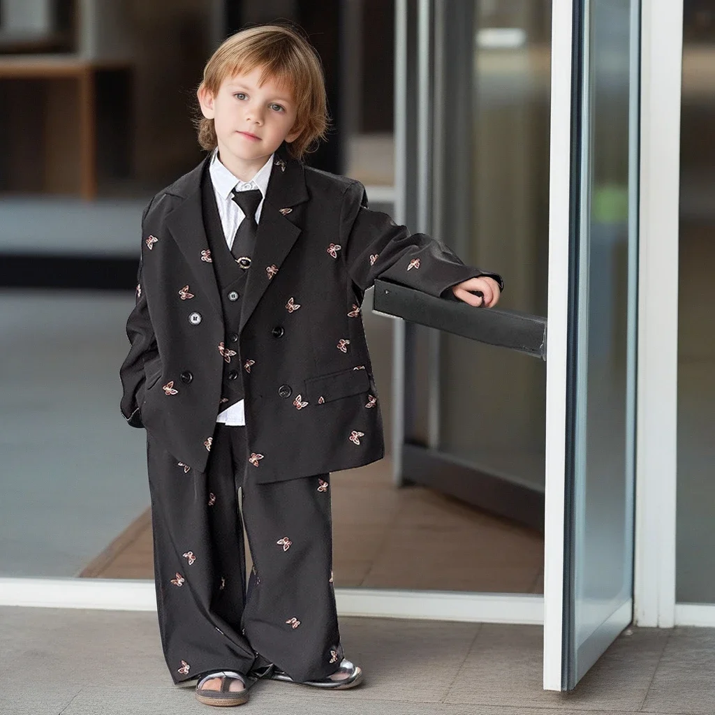 Children Suit Set Spring Fashion Embroidered Jacket Vest Pants 3pcs Boys Wedding Blazer Black Formal Girls Performance Outfits