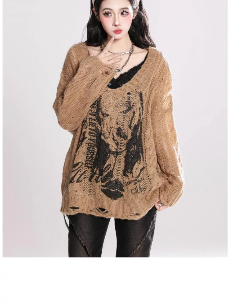 

Уличная одежда, свитер для женщин, тонкий джемпер с v-образным вырезом, женский модный повседневный корейский вязаный пуловер Sueter Mjuer Y2k