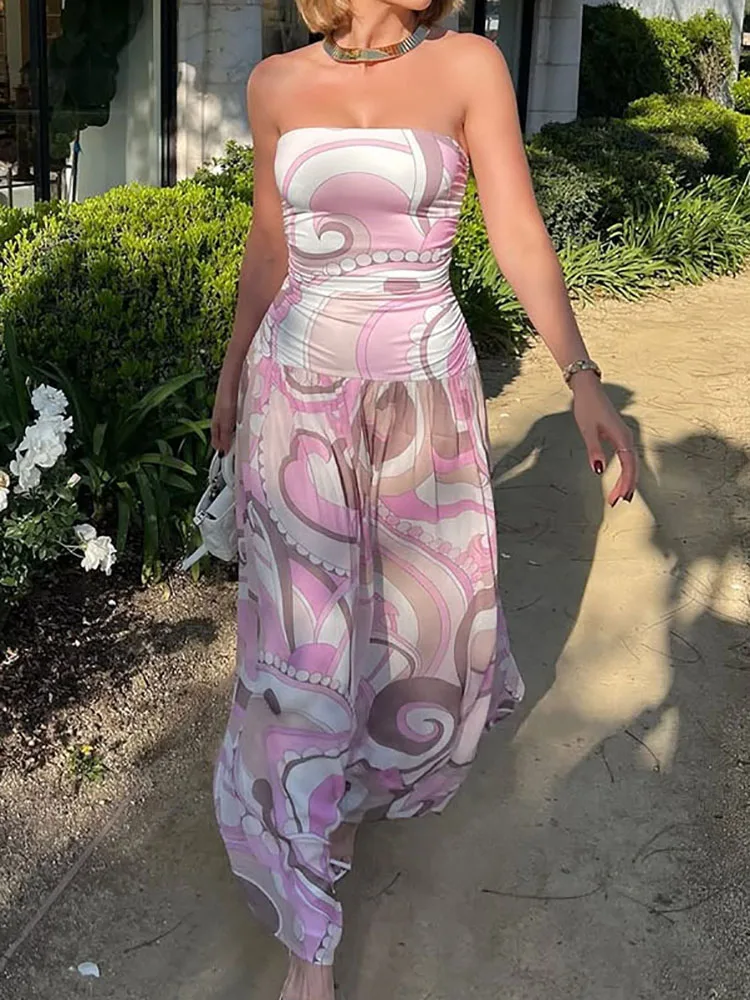 Sleeveless Simple Printing Party Dress, 2024 Summer Women Strapless Fashion Maxi Dress, Elegant Backless Patchwork Ladies Dress