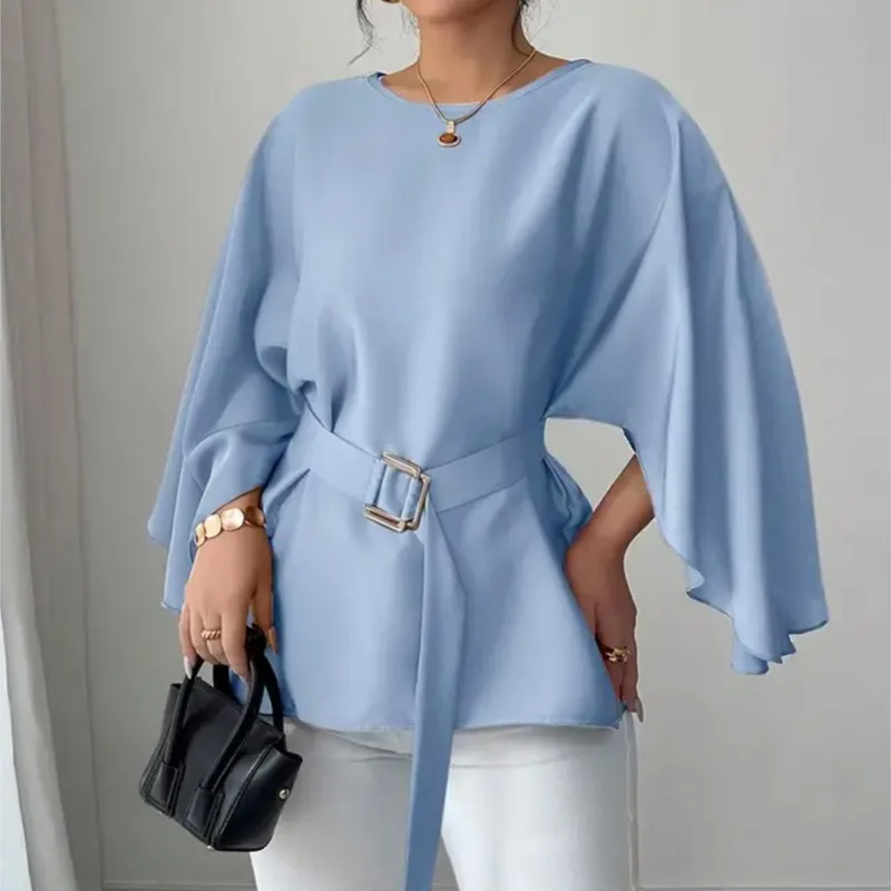 

Elegant Womens Shirt Solid Color Stylish Elegant Loose Casual Spring Autumn Top Mid-sleeved Round Collar Flared Sleeve Belt Tops