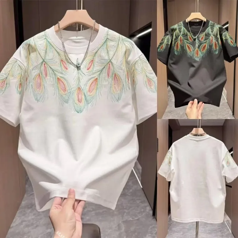 

Мужские футболки, модная летняя футболка с коротким рукавом, свободный крой, повседневные топы с круглым вырезом и вышивкой, футболки
