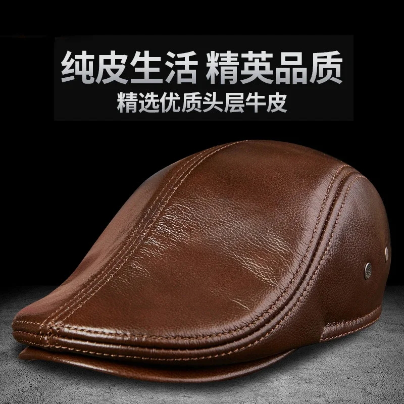 2024 New Men Leather Cabbie Cap Winter Warm Newsboy Caps British Style Classic Retro Hats Male Driving Working Berets Gorras