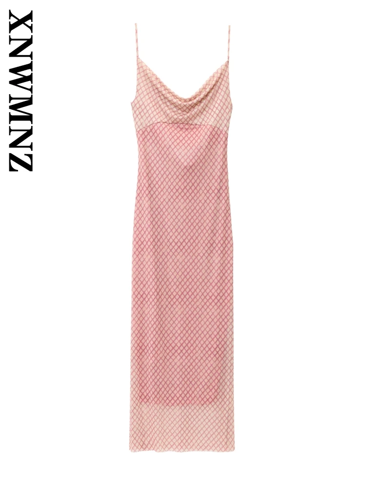 

XNWMNZ 2025 Summer Woman's Sexy Shoulder Sleeveless Backless Tulle midi Dress Chic club Female Pink thin shoulder strap Dresses