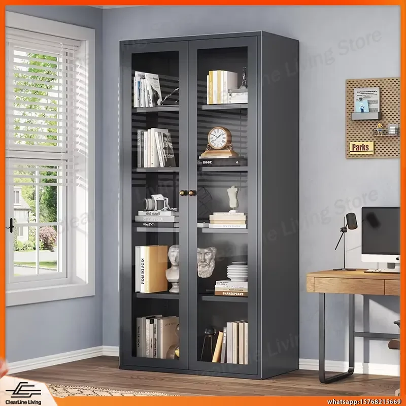

Modern Floor to Ceiling Bookshelf Unit for Living Room Office Library Storage Shelf Steel and Glass Bookcase Minimalist Home