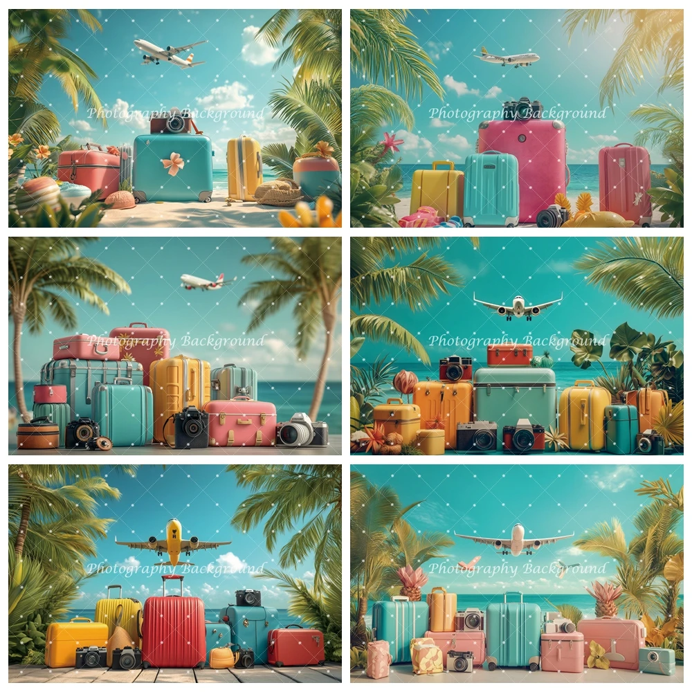 

Summer Hawaiian Tropical Palm Tree Photo Backdrop Travel Birthday Party Banner Plane Suitcase Wedding Photography Background