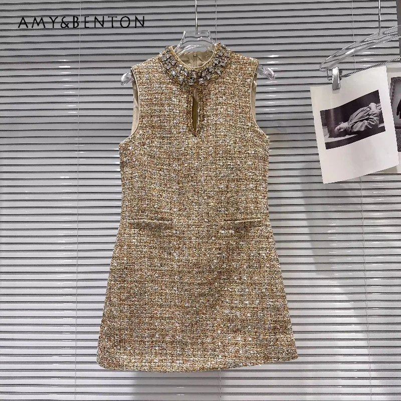 

Heavy Industry Rhinestone Collar Edge Hollow Out Design Women's Vest Dress 2026 Summer Sweet Temperament Short Dresses Ladies