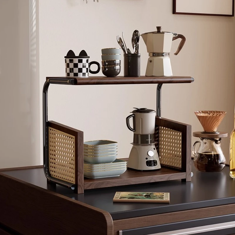 

Walnut Wood Double Layer Display Shelf Vintage Coffee & Tea Storage Racks Desktop Bookshelf Decor Kitchen Seasoning Organizer