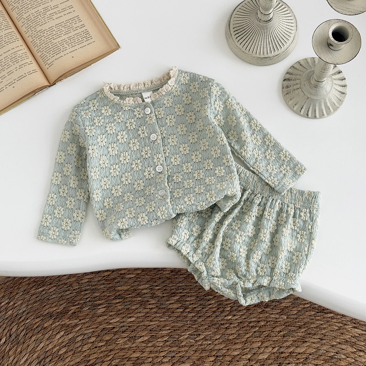 Summer Hot European Style Floral Embroidery Baby Onesie Set Breathable Long Sleeve Top + Shorts Baby 2Pcs Set