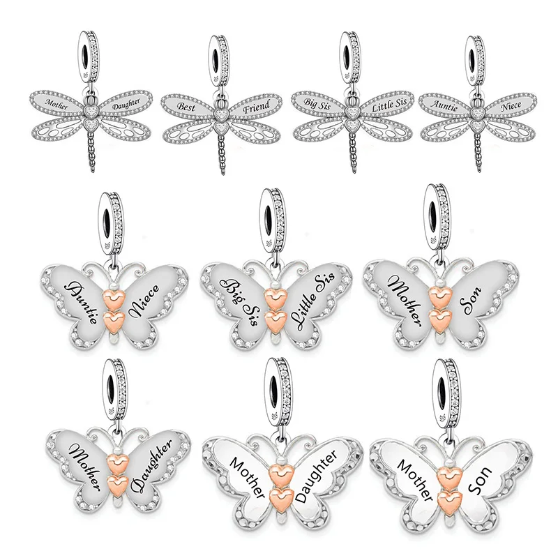 Fit Original Charm Bracelet 925 Silver Dragonfly Sister Mother Daughter Heart Connected Butterfly Bead For Making Berloque 2024