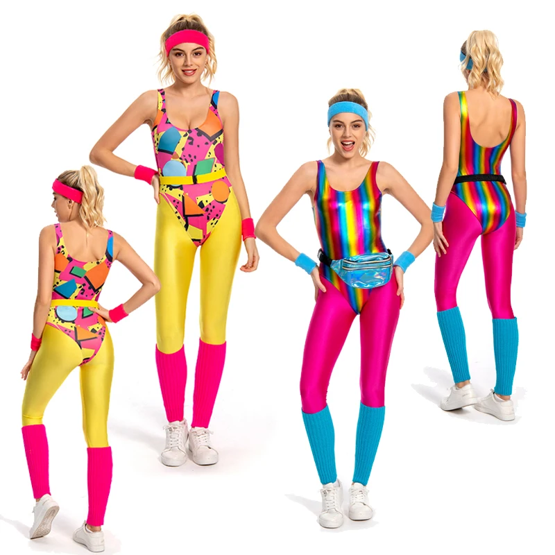 6Pcs/Set Women's Retro 80s/90s Legging Cosplay Costume Female Colorful Glossy Sportwear Headband Set Halloween Carnival Suit