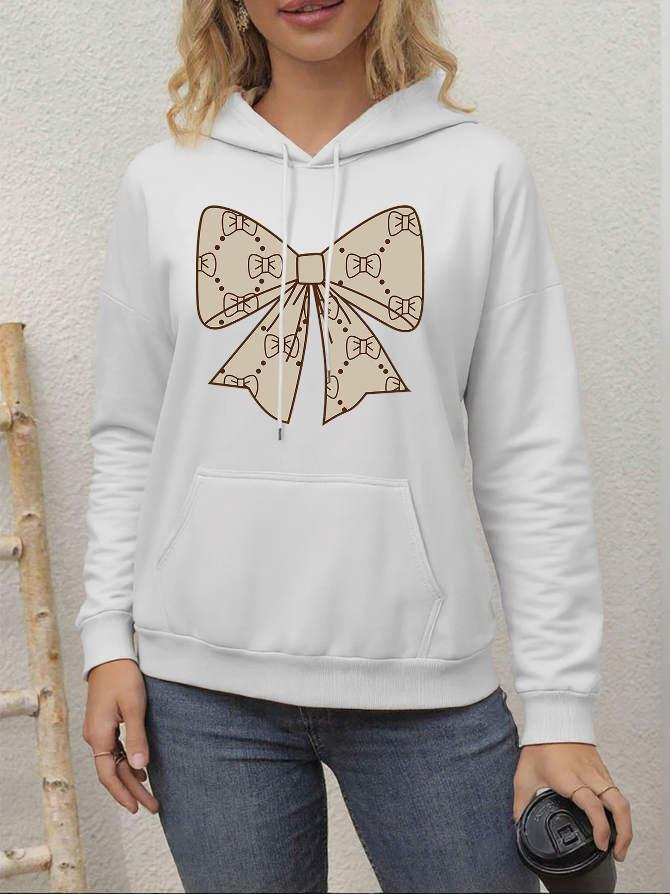 Creative Minimalist Beige Bow Print Woman Clothing Sports Breathable Hoodie Long Sleeved All-Match Hoodies Street Harajuku Hoody