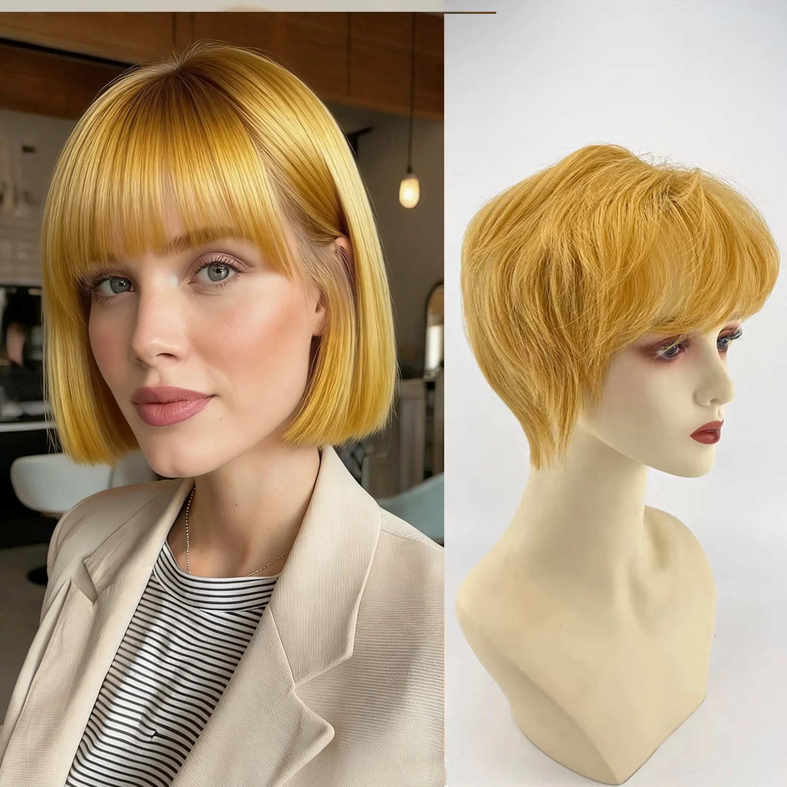 شعر مستعار بشري قصير بقص عابث # 27 تاج قاعدة من الحرير الأشقر العسلي، مموج طبيعي، دانتيل سويسري رفيع، أمامي مسامي لأسلوب النساء