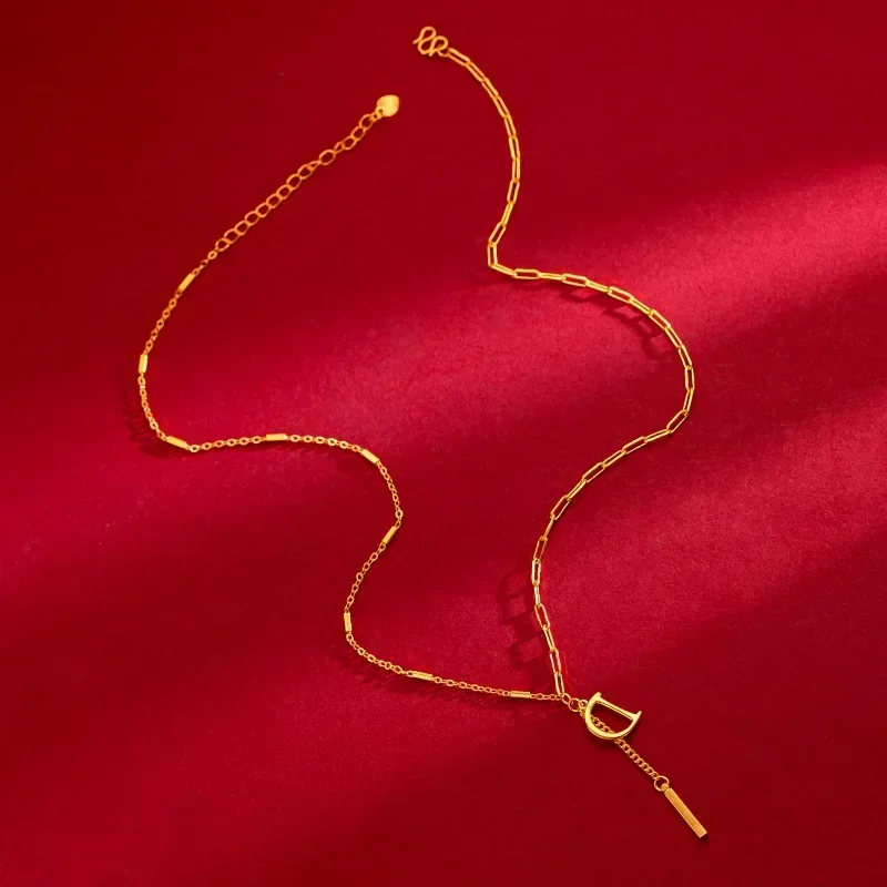 

9999 Real Gold 24K Niche ins Style English Letter D Necklace Gold Premium Splicing Letter D Clavicle Necklace Female