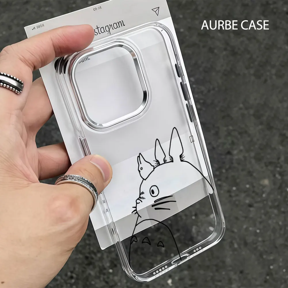 Aurbe Handyhülle für iPhone 17 16 15 14 13 12 11 Pro Max 16E Silberner Linsenrahmen Transparente Schale Totoro Linien-Skizzen-Cover