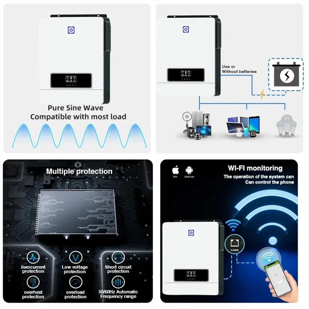 ECGSOLAX 10.2KW عاكس شمسي هجين MPPT 180A عاكس هجين خارج الشبكة بحد أقصى 500 فولت 48 فولت 230 فولت تيار متردد عاكس هجين للطاقة الشمسية