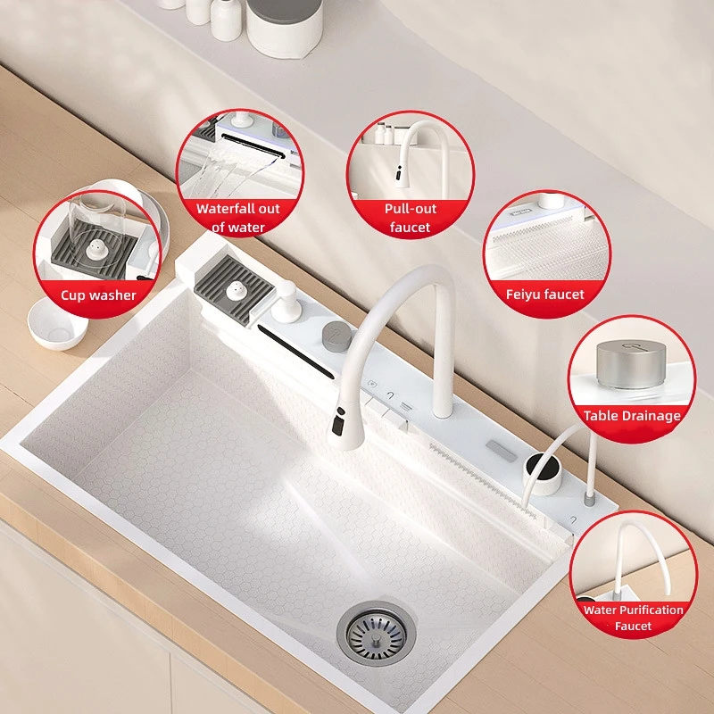 Lavello da cucina bianco cascata di pioggia volante in acciaio inossidabile 304 grande Slot singolo mentre Display digitale multifunzione integrato