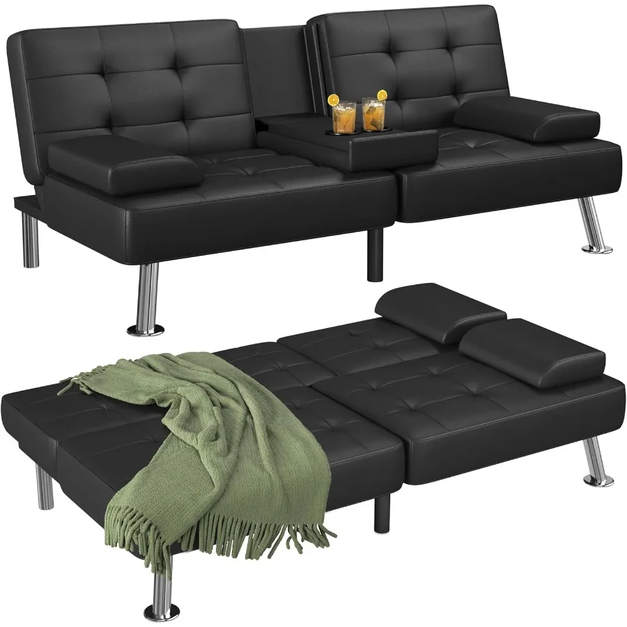 

Modern Folding Futon Set Convertible Recliner Lounge for Living Room with 2 Cup Holders Removable Armrests PU Leather Black