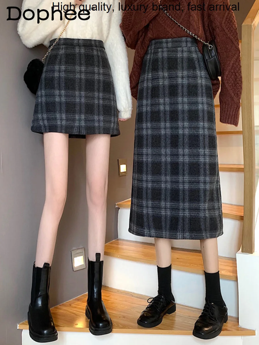 

Autumn Winter 2023 Plaid Woolen for Women's Retro High-Grade A- Line Mini s High Waist Slim Office Ladies Long Skirt