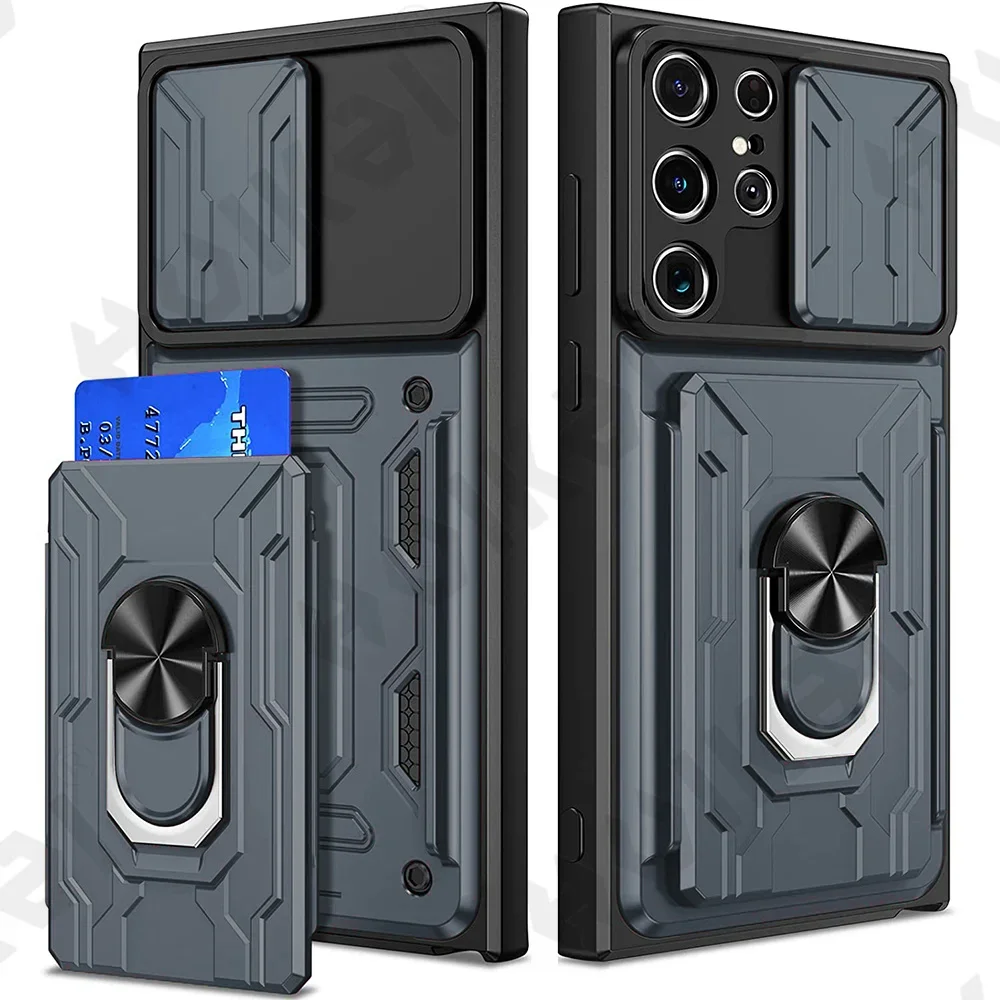 Case For Samsung Galaxy S25 S24 S23 S22 S21 Ultra Plus S20 FE A55 A35 A54 A14 4G 5G Slide Camera Card Holder 360° Ring Cover
