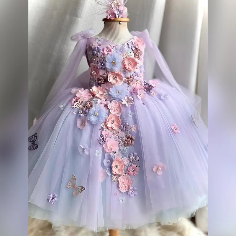 New Flower Girl Wedding Big Bow Girl Gorgeous Graduation Evening Dresses Kid Clothes Net Gauze One Year Old Birthday Party Dress