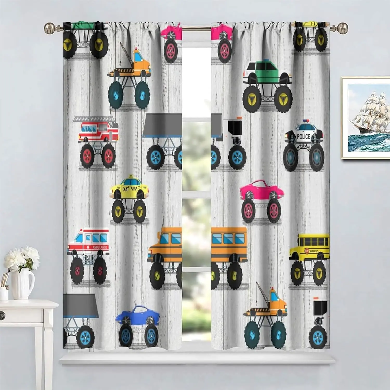 Kids Construction Curtains for Bedroom Nursery, Cartoon Car Truck Rustic Window Treatments Kids Boys Girls Living Room Men Room