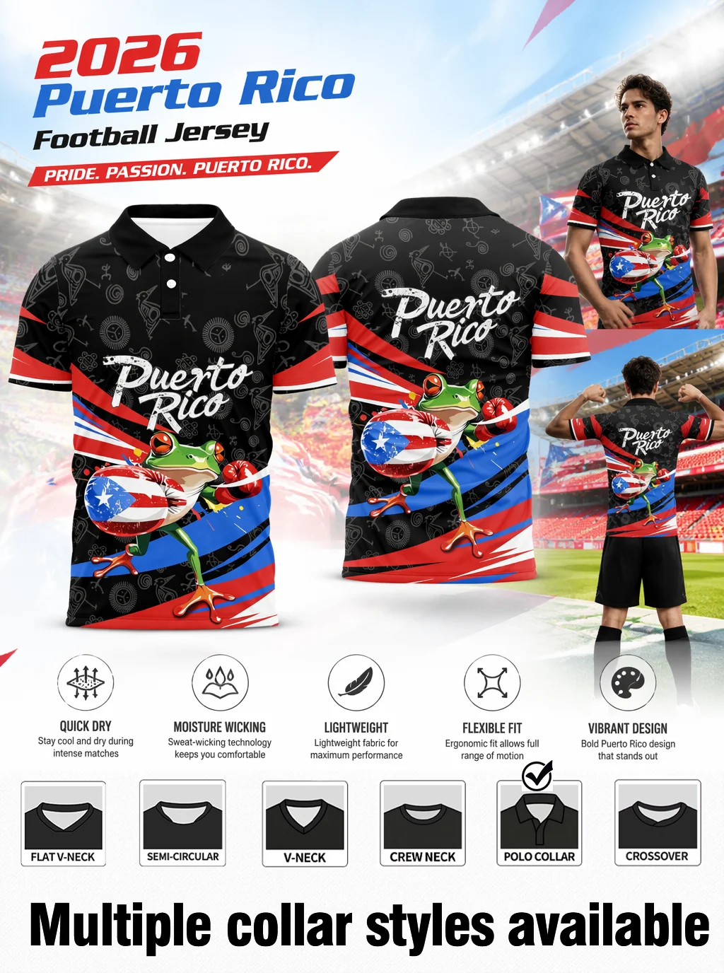 2026 Puerto‑Rico football polo jersey, boxing‑style coqui frog with flag gloves, tribal print and quick‑dry breathable fabric