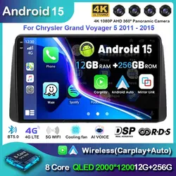 Android 15 For Chrysler Grand Voyager 5 2011 - 2015 For Dodge Grand Caravan 2008-2020 Car Radio Player Multimedia GPS 360 Camera