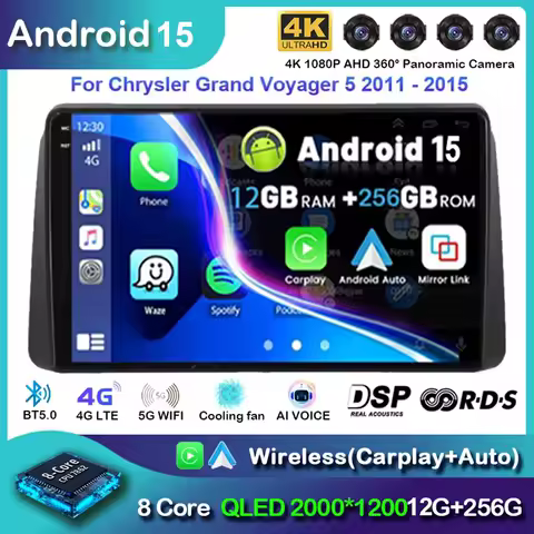 Android 15 For Chrysler Grand Voyager 5 2011 - 2015 For Dodge Grand Caravan 2008-2020 Car Radio Player Multimedia GPS 360 Camera