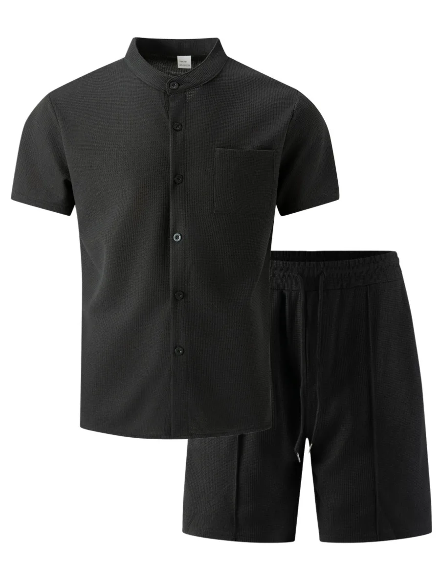Men's new summer style waffle plain-color crew-neck t-shirt with pocket short-sleeved set with beach shorts men's casual suit