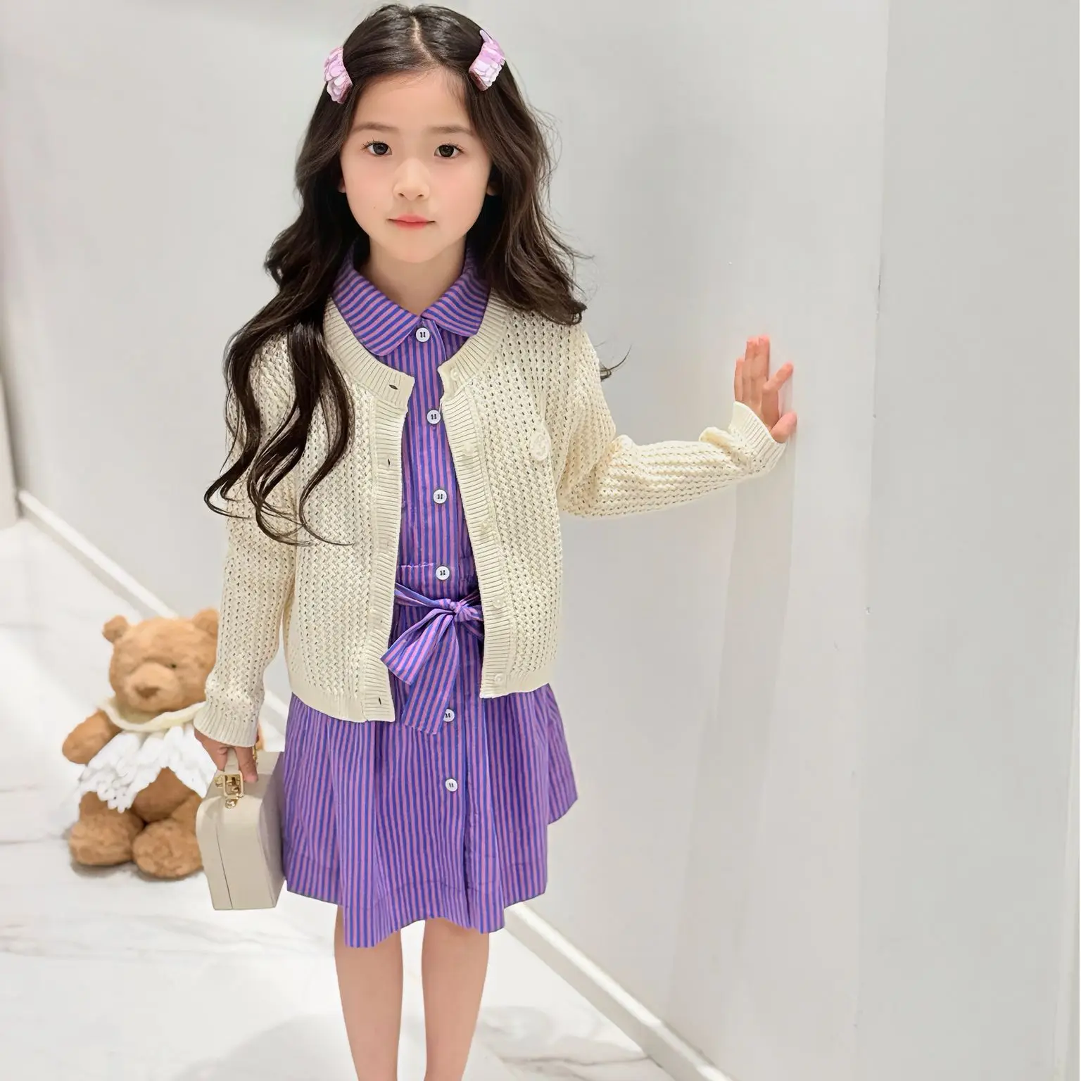 Girls Sweater 2026 Fall New Thin Cutout Fashion Kids Knit Cardigan Coat Cotton Purple Pattern Waist Skinny Girls A-Line Dress