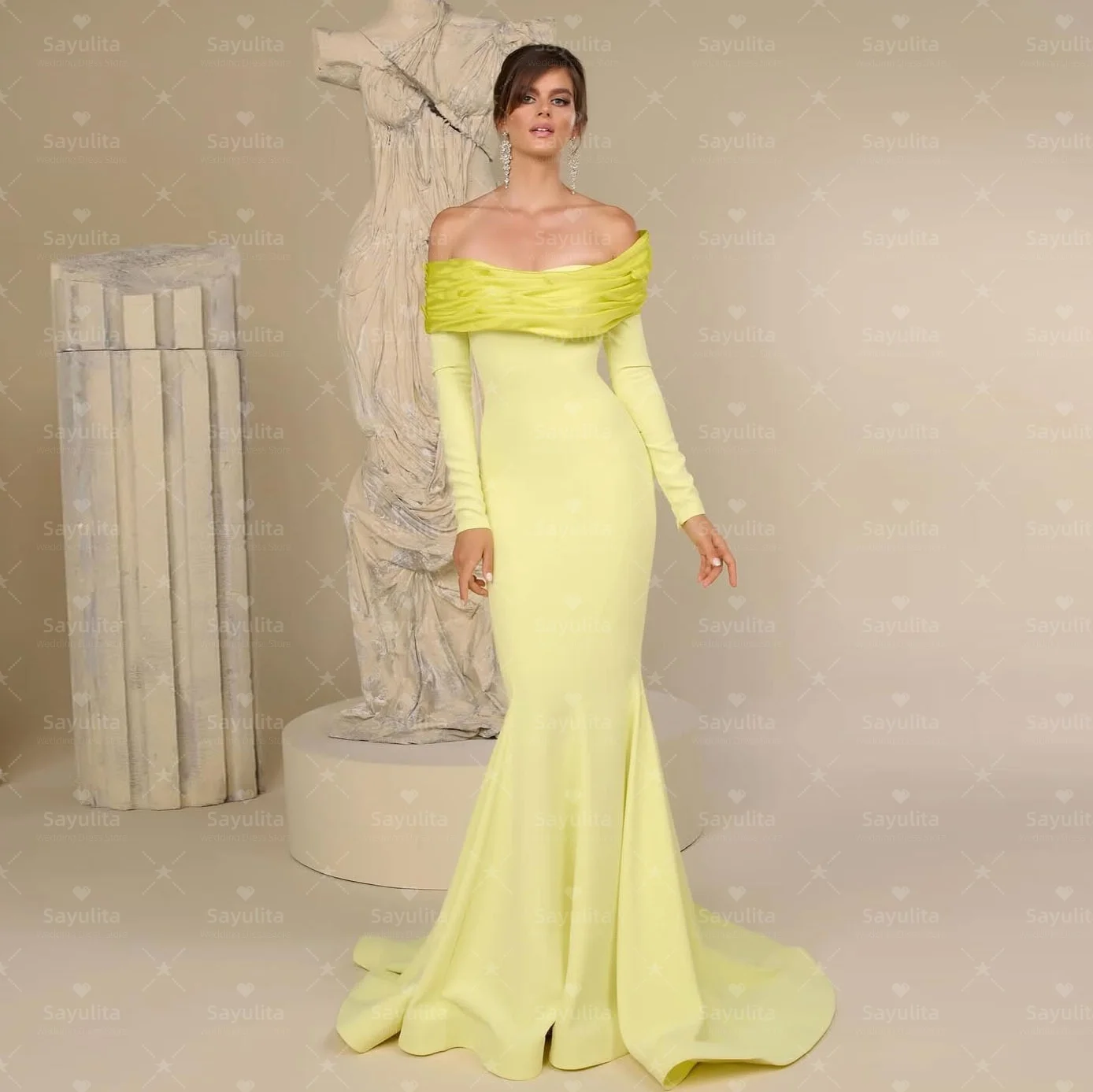 

Sayulita реальные изображения платья для выпускного вечера с рюшами и вырезом лодочкой с длинными рукавами вечерние платья на молнии сзади вечернее платье со шлейфом по индивидуальному заказу