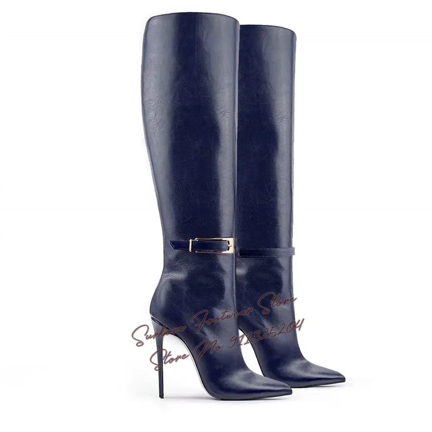 Surkova Navy Blue Matte Leather Over The Knee Boots Ankle Golden Metal Buckle Strap Long Boots Zipped Stiletto Heel Dress Shoes
