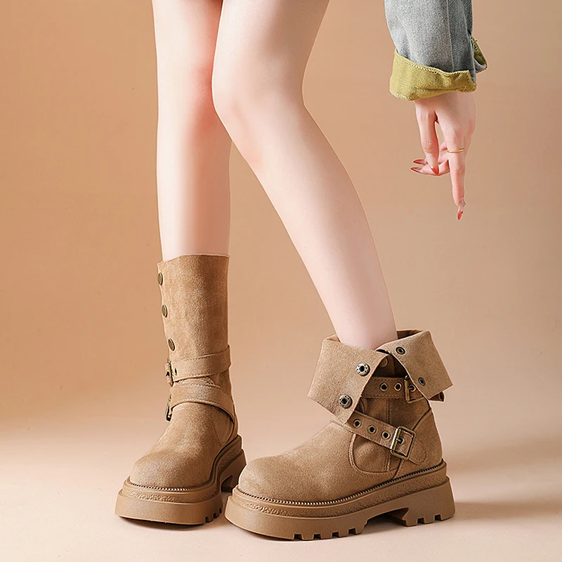 

Модные универсальные кожаные ботинки из двух частей на платформе, ковбойские сапоги на шнуровке с пряжкой в стиле ретро, мотоциклетные короткие ботинки