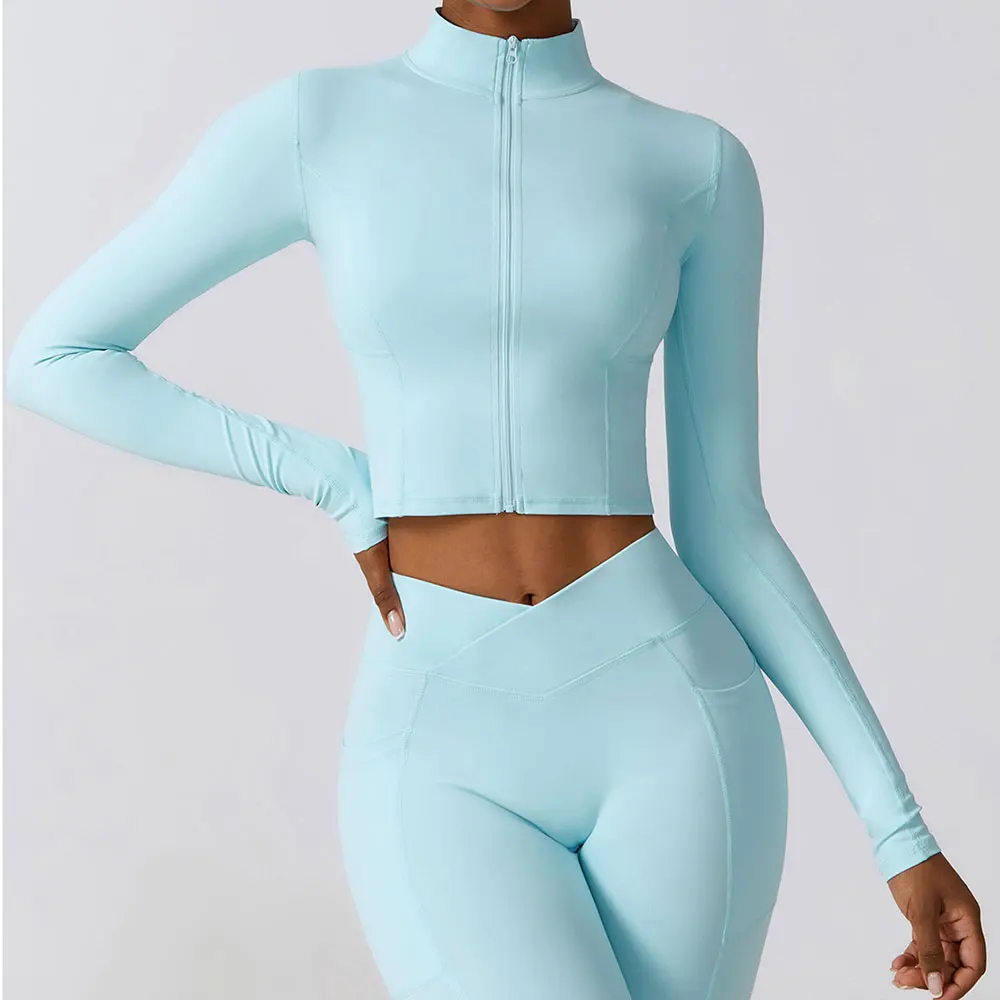 Women\'s High Elastic Crop Top Spandex Long Sleeve Yoga Shirts Sportswear Yoga Jacket Workout Gym Clothing Sports Clothes Suit