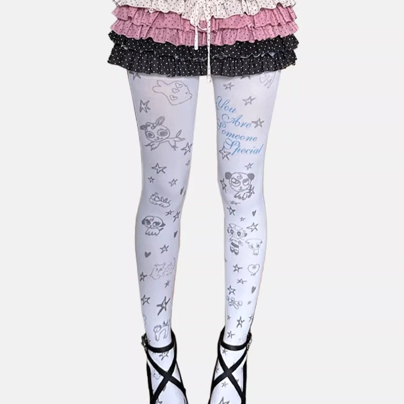 Japanese Original Design White Y2K Print Irregular Graffiti Full Print Women's Stockings Autumn New Cute Versatile Tights Ladies