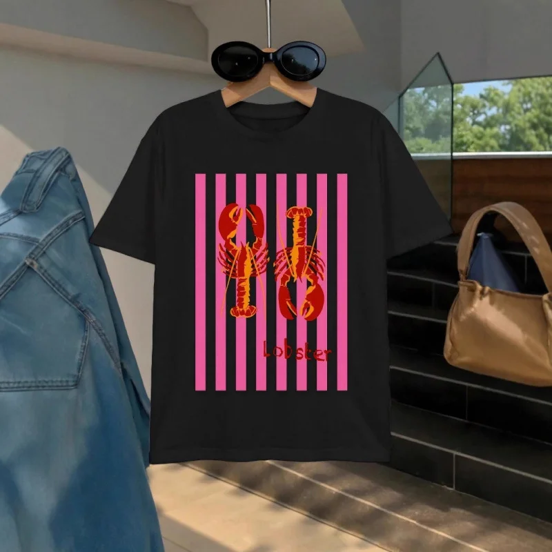 Funny Lobster Meme T-Shirt, Pink Stripe Print Casual White Tee, Harajuku Streetwear  Y2k Top Women Clothes  Graphic T Shirts