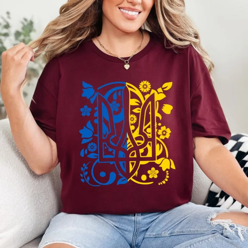 Men's Ukraine Trident Cotton Tee Patriotic Heritage Graphic Shirt Summer Short Sleeve O-Neck Casual Tshirt Ukrainian Symbol Tops