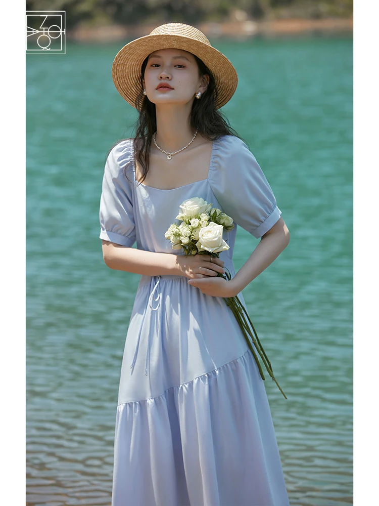 ZIQIAO High-end French Square Neck Women Dress Summer 2022 Pleated Design Ladylike Vintage Slim Thin Modal Female Long Skirts